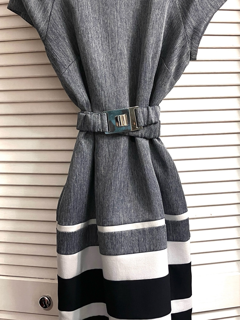 Sandra Darren Grey Belted Midi Dress with Black & White Stripe Hem